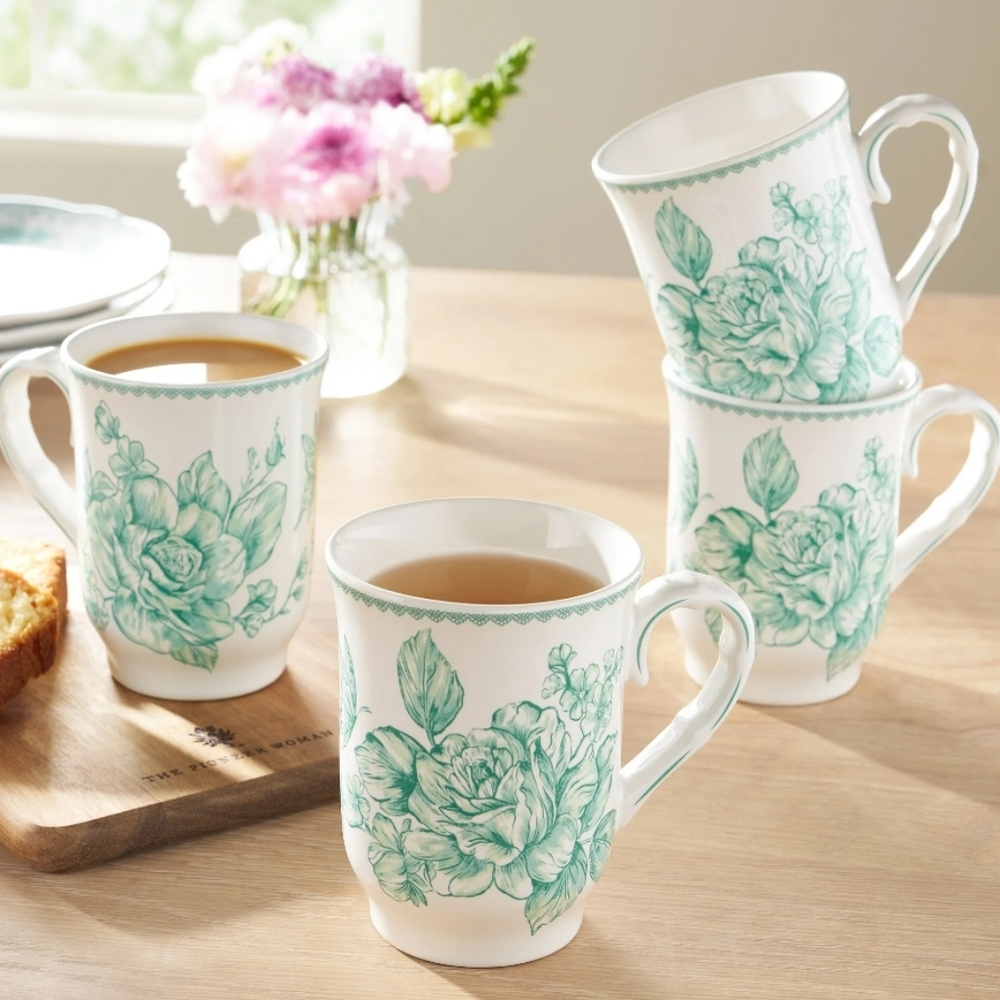 ❤️ New Pioneer Woman Agatha Floral Green and White Mug 4 Piece Set